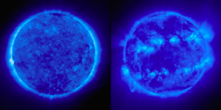 Comparaison entre un minimum (à gauche) et un maximum solaire (à droite). Nasa