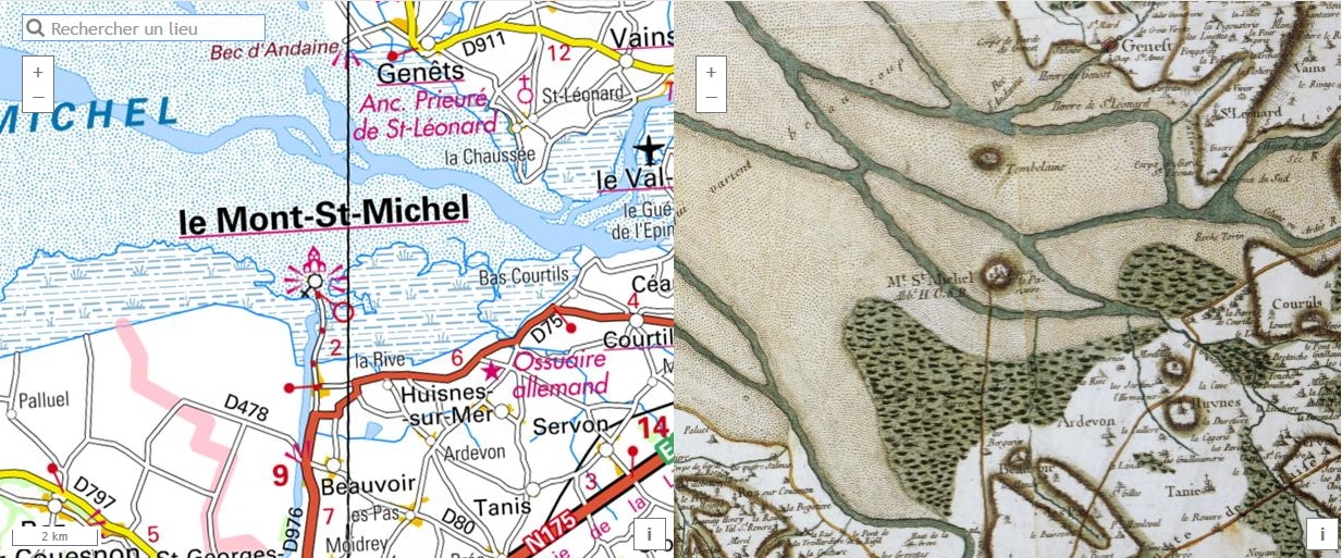 Le Mont-St-Michel (Carte IGN + Carte de Cassini du XVIIeS) / Crédit : IGN