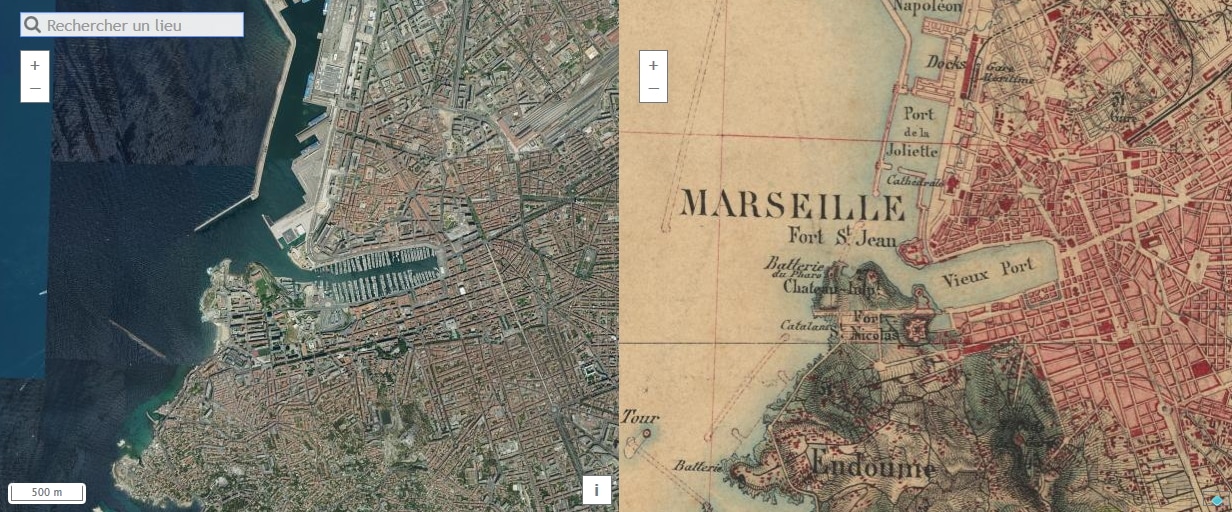 Vieux Port de Marseille (photos aérienne actuelle + carte d'état-major 1820-1866) / Crédit : IGN
