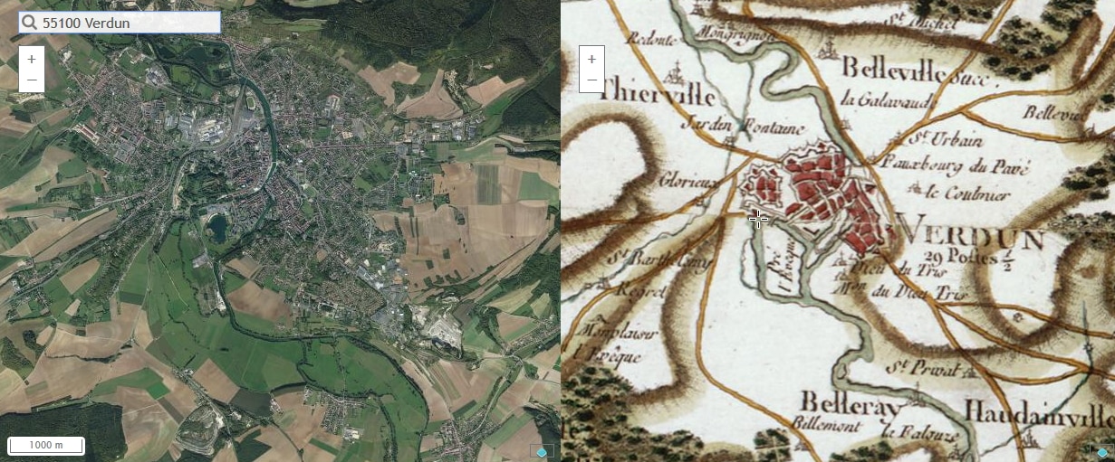 Ville de Verdun (Photo aérienne actuelle + carte de Cassini du XVIIeS) / Crédit : IGN