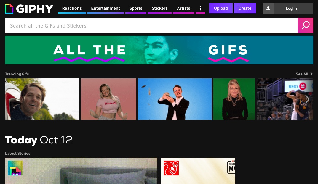 Capture écran de la plateforme Giphy