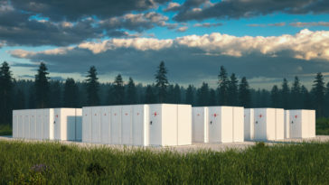 Eco friendly battery energy storage system in nature with misty forest in background and fresh grassland in foreground. 3d rendering.