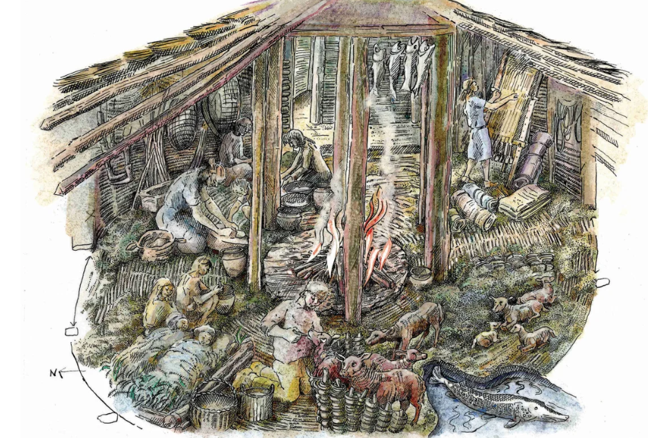 Illustration d'artiste des activités à l'intérieur des maisons sur pilotis de Must Farm.