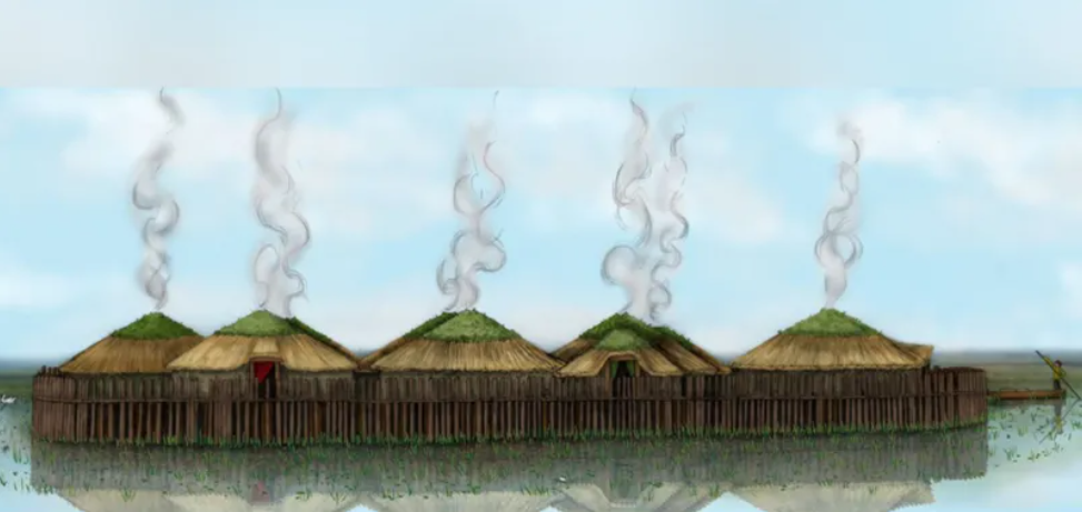 Illustration d'artiste du village de Must Farm.