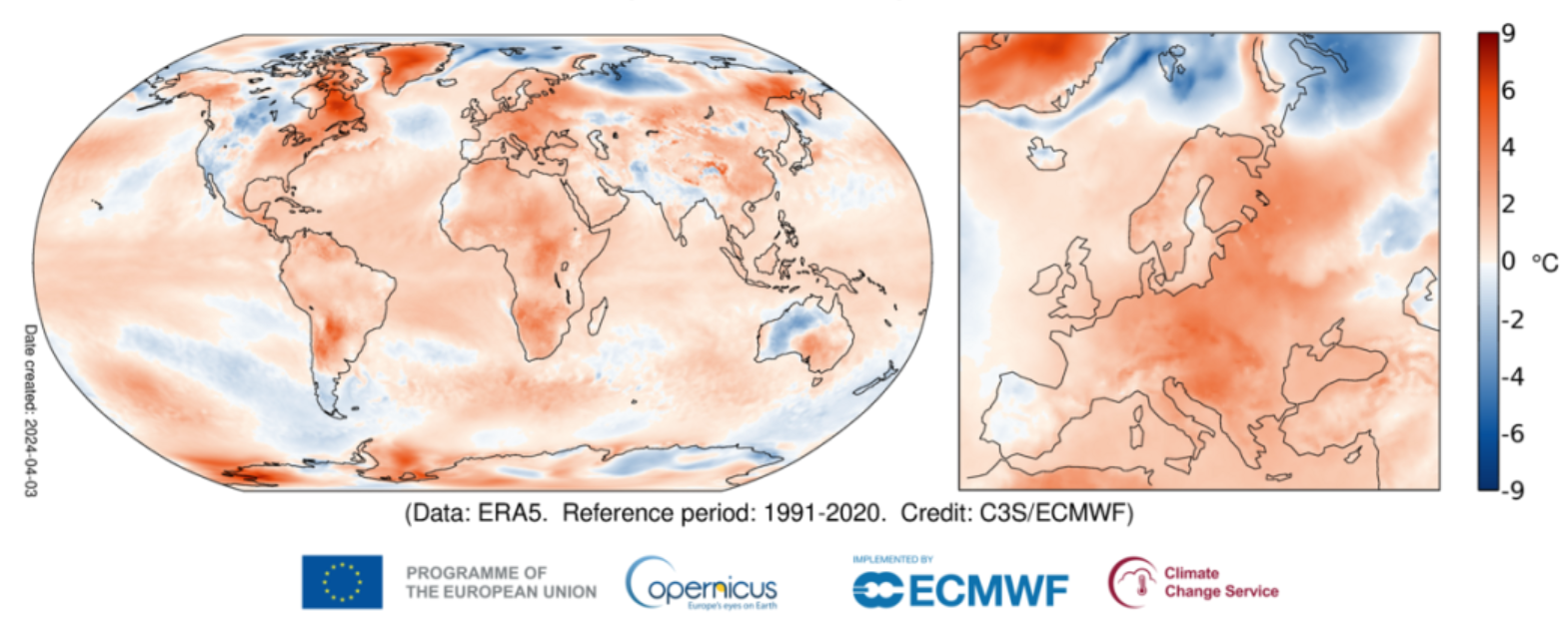 Copernicus - Carte des anomalies de températures de surface en mars 2024