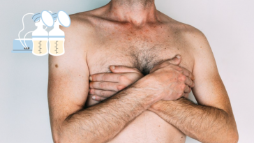 Homme avec des mains sur la poitrine torse nu allaitement lactation lait