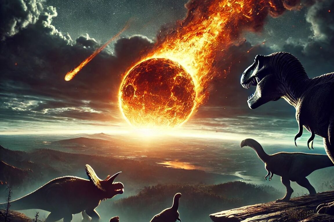 Dinosaures observant un astéroïde en feu s'approchant de la Terre.