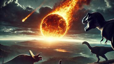Dinosaures observant un astéroïde en feu s'approchant de la Terre.