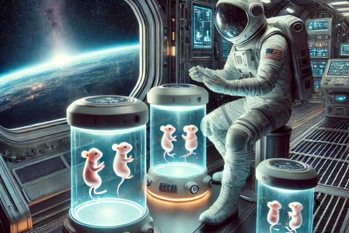 Un astronaute observant des embryons de souris dans des capsules dans l'espace.