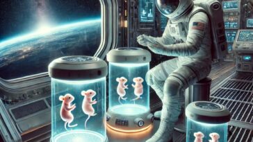 Un astronaute observant des embryons de souris dans des capsules dans l'espace.