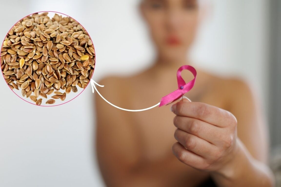 Graine de lin avec une femme tenant un ruban rose contre le cancer du sein.