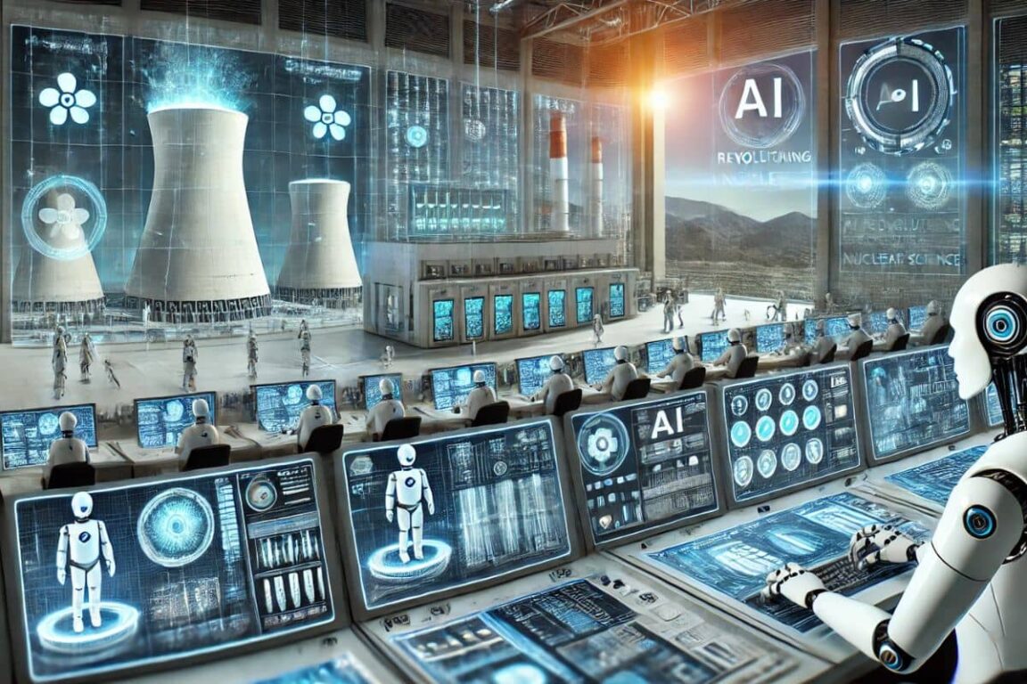 Des robots contrôlant des systèmes avancés dans une centrale nucléaire avec des écrans d'IA
