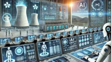 Des robots contrôlant des systèmes avancés dans une centrale nucléaire avec des écrans d'IA