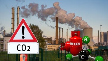 Usine avec panneau d'avertissement CO2 et représentation d'une molécule de méthane.