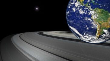 La Terre vue avec des anneaux comme ceux de Saturne dans l'espace.