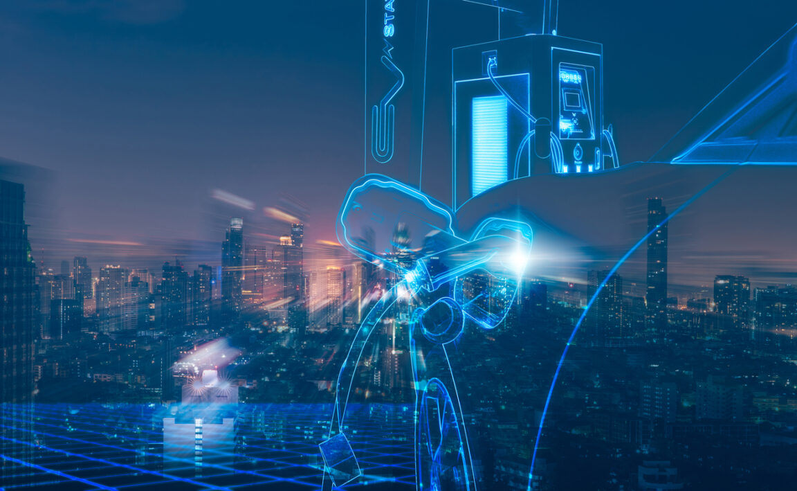 Station de recharge de voiture électrique Énergie durable. Énergie propre. Charge rapide du véhicule parking du futur