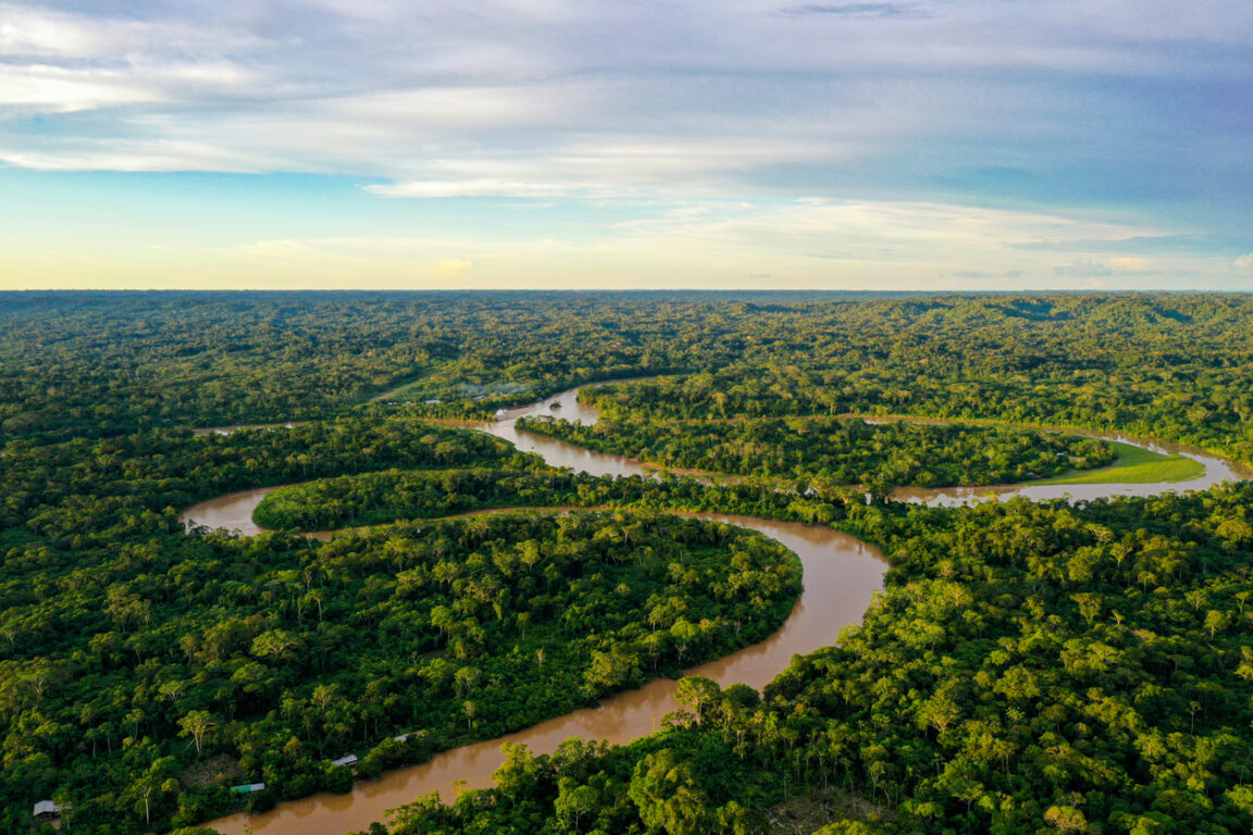 Vue aérienne au-dessus d’une forêt tropicale avec une rivière serpentant par la canopée Amazonie forêt amazonienne